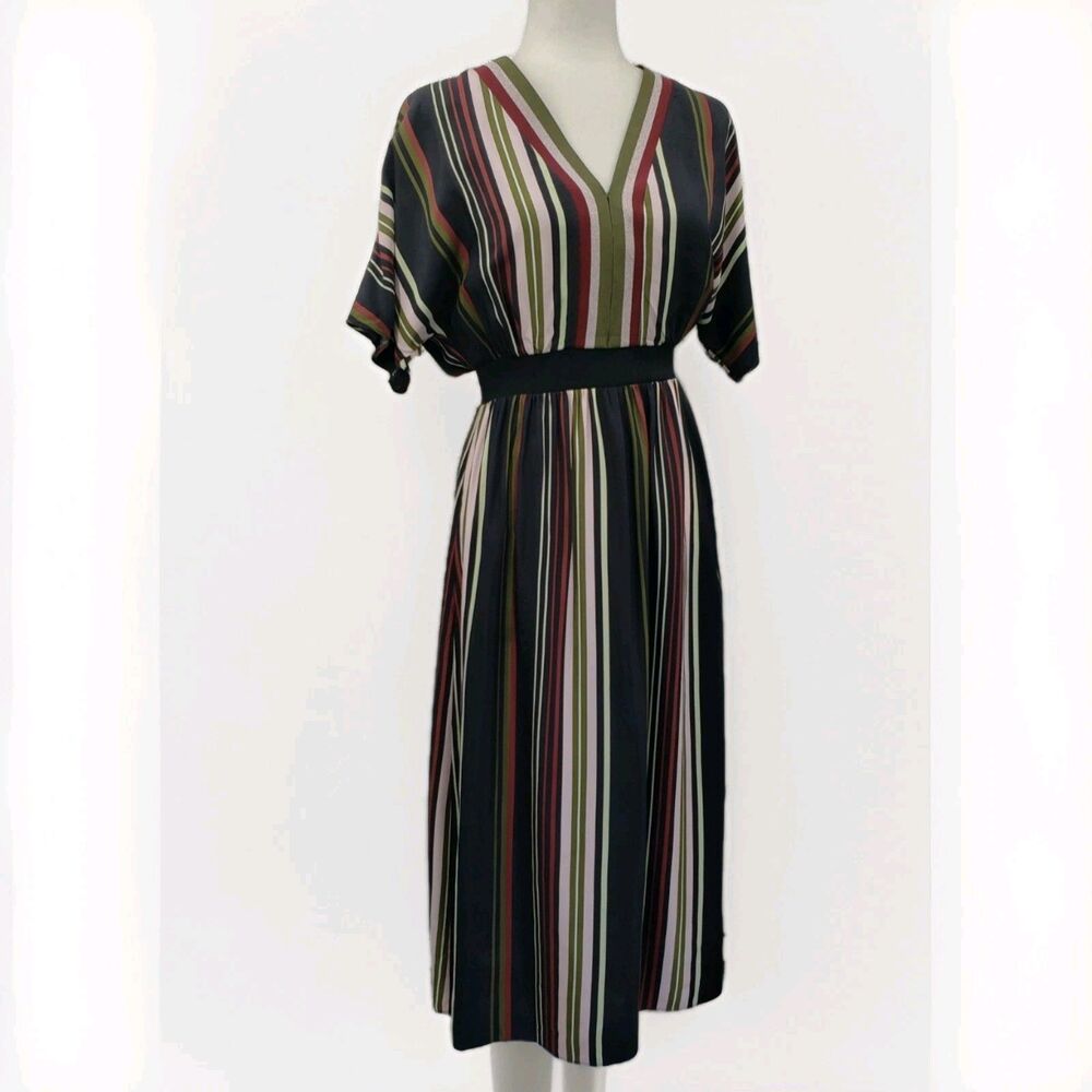 Ted Baker Safiiya Midi Dress Sz 1 US 4 Multicolor Stripe V-Neck Metallic Detail